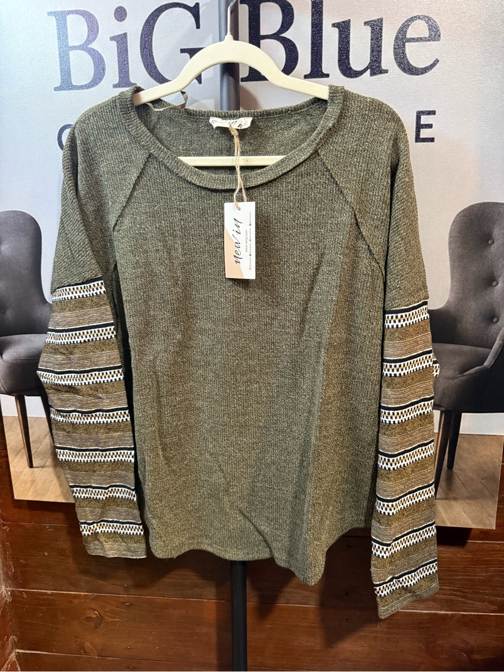 New Era Olive Green Long Sleeve Top with Striped Accent Sleeves